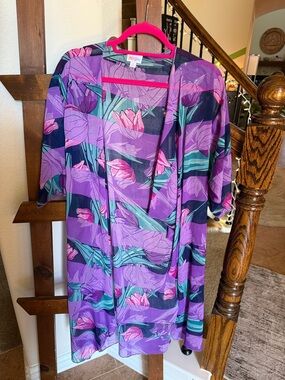 LuLaRoe Purple Floral Swim Coverup with Pink and Teal Accents